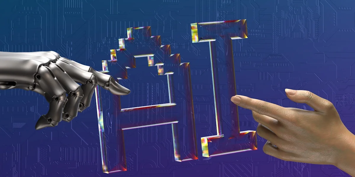 robot and human hands reaching toward ai text