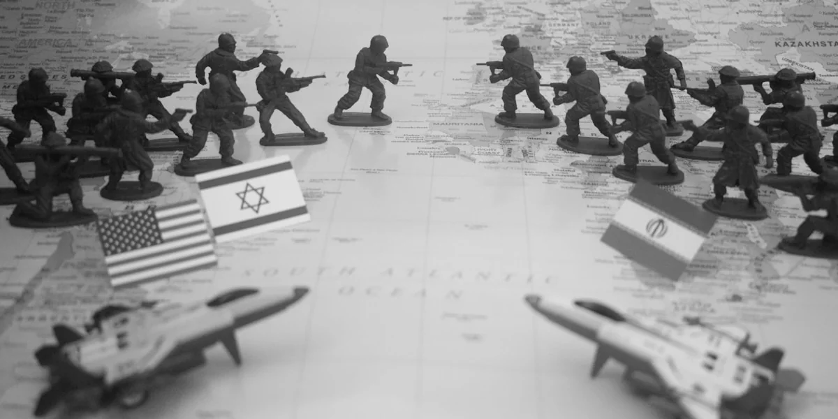 Toy soldiers and flags on a world map