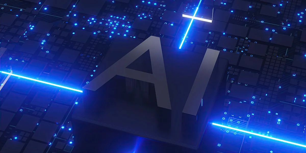 Ai text with glowing blue circuits and lights