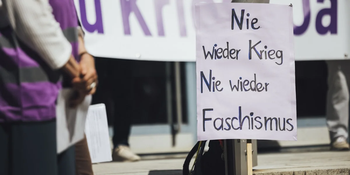 People protest against war and fascism.