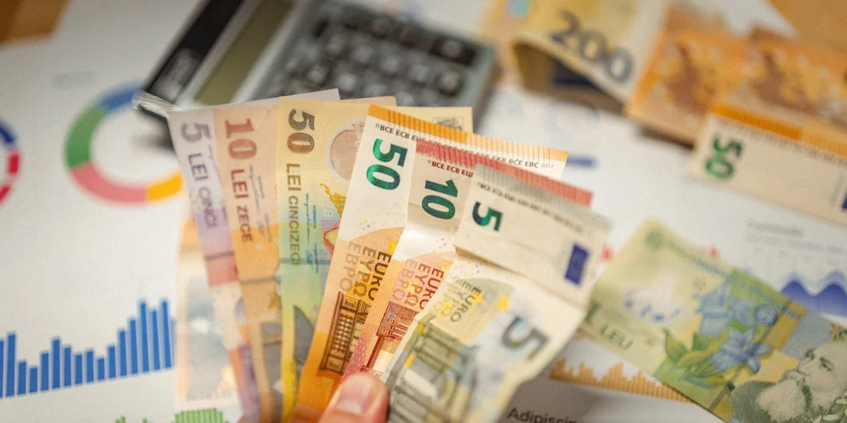 A person holding a bunch of money in front of a calculator