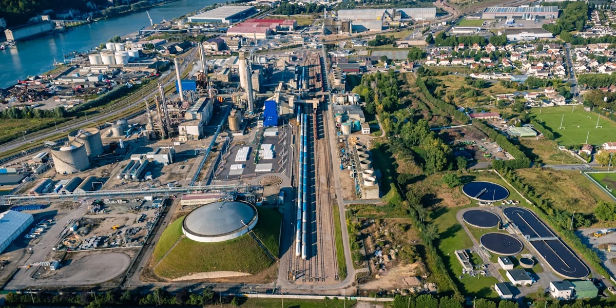 an aerial view of a large industrial area