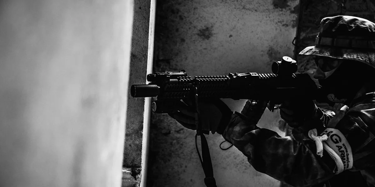 grayscale photo of person holding rifle