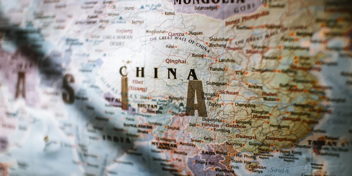 a close up of a map of china