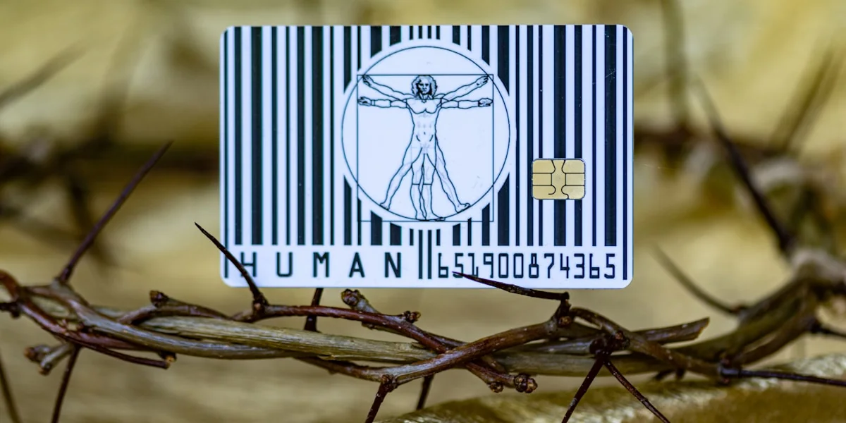 A close up of a barcode with a picture of jesus on it