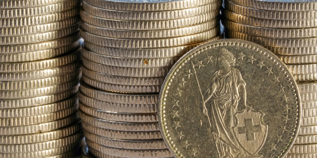 Stacks of gold coins with one coin in front.