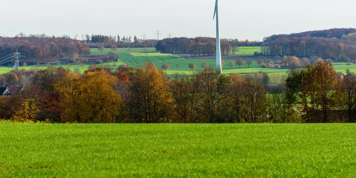 Wind turbine in a green field with trees