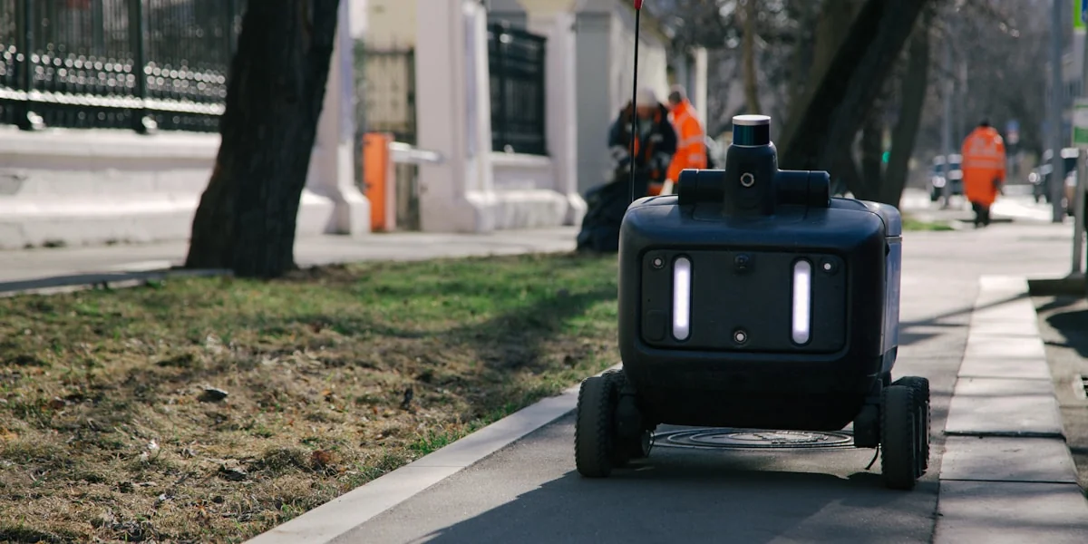 Robot delivery vehicle moves down a city sidewalk.