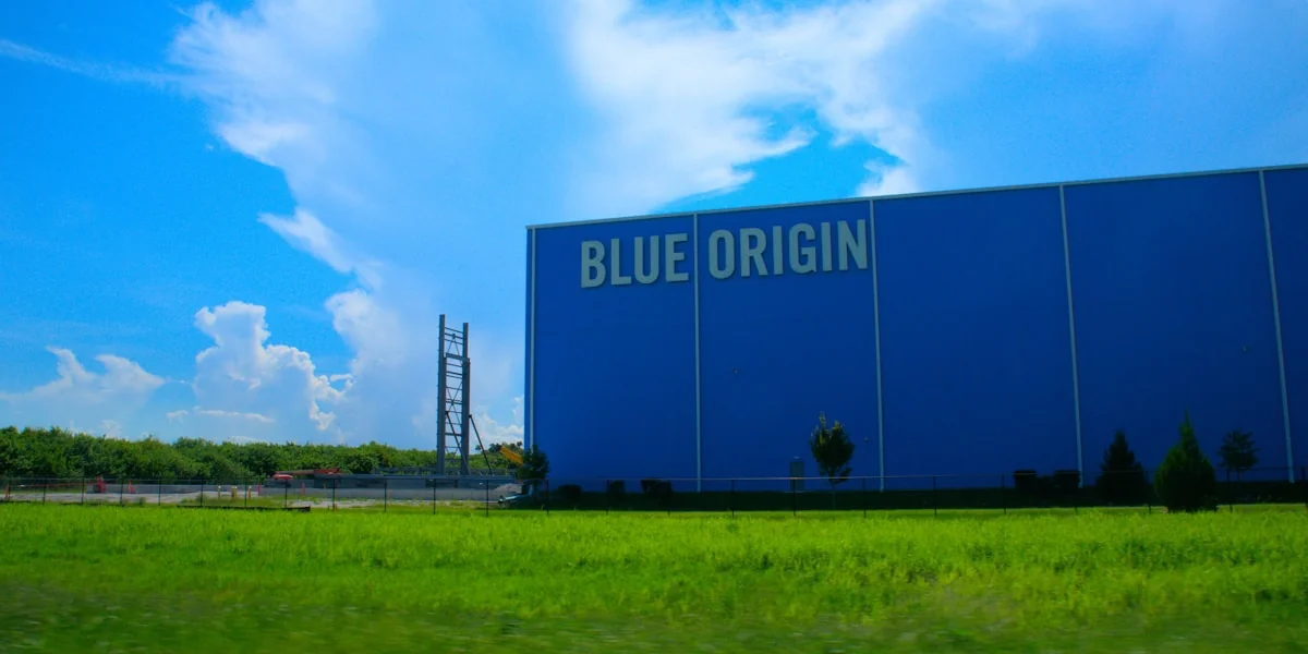 a large blue building with a sign on it