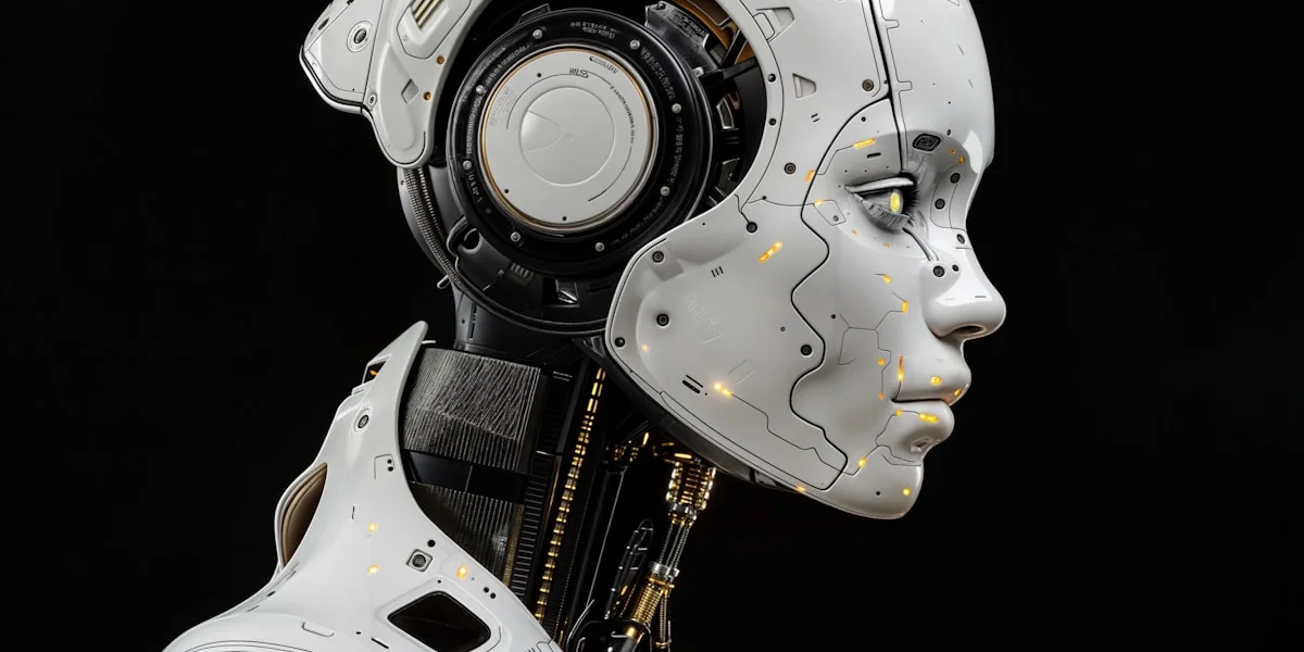 A white robot is standing in front of a black background