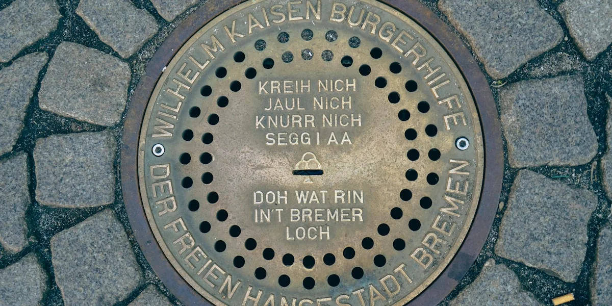 Ornate metal manhole cover with text on cobblestone street.
