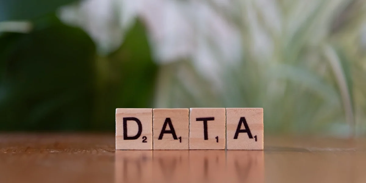A wooden block spelling data on a table