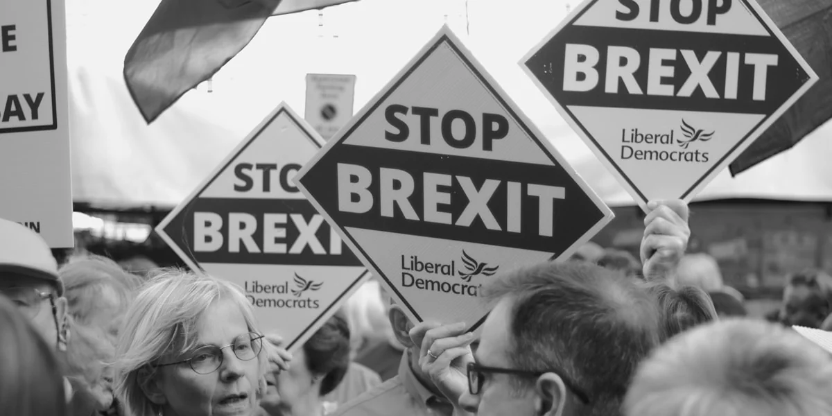 People holding "stop brexit" signs at a rally