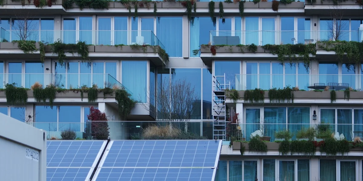 a building with a bunch of windows and a ladder