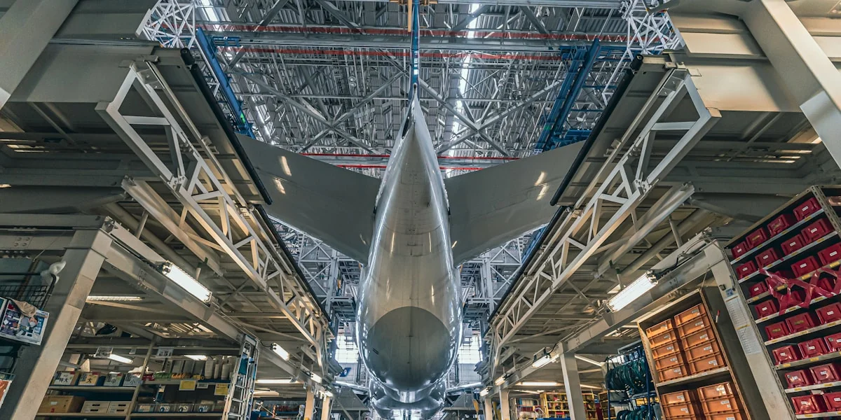 a large jetliner sitting inside of a hangar