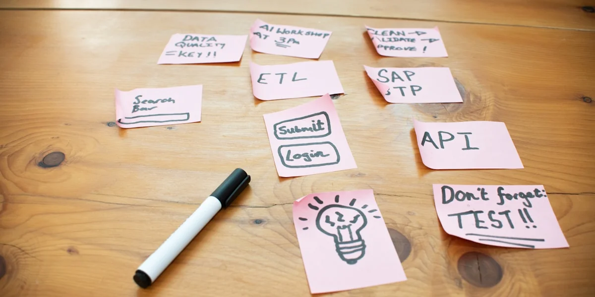 Sticky notes with words and drawings on wooden table.