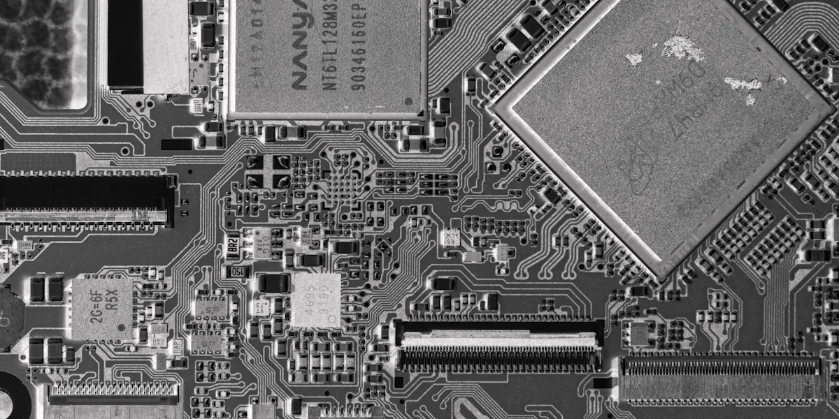 Close-up of a complex electronic circuit board with many components.