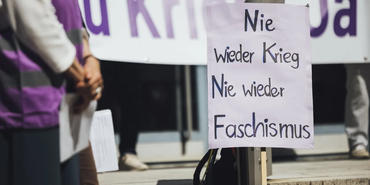 People protest against war and fascism.
