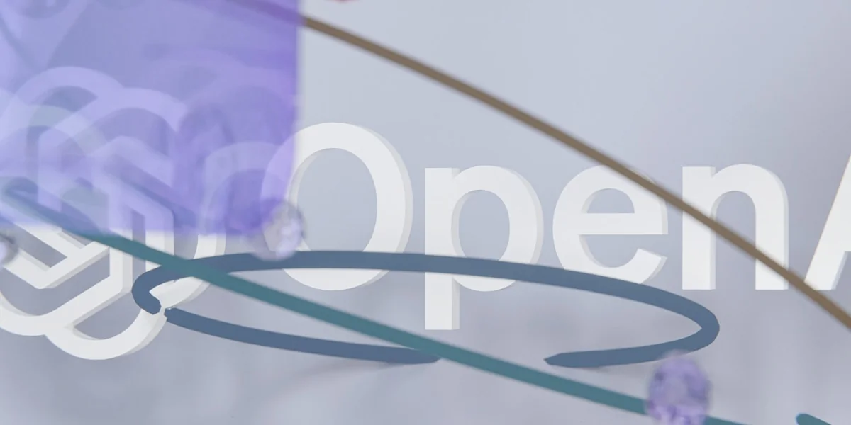 Abstract shapes and lines with a faint openai logo.