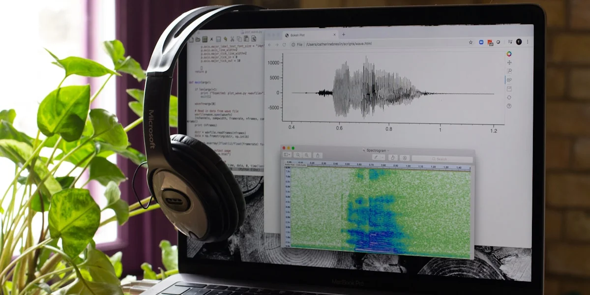 a laptop computer with headphones on top of it