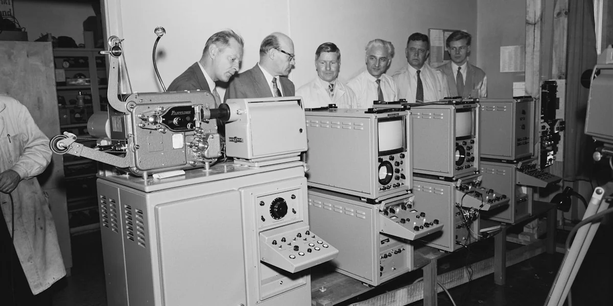 a group of men standing around a machine