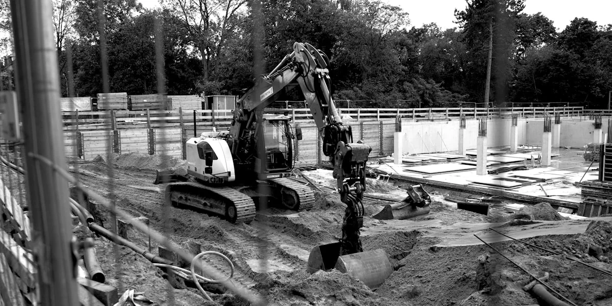 A black and white photo of a construction site