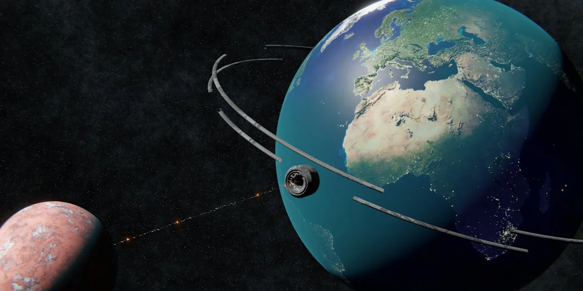 Earth and mars with orbital rings in space