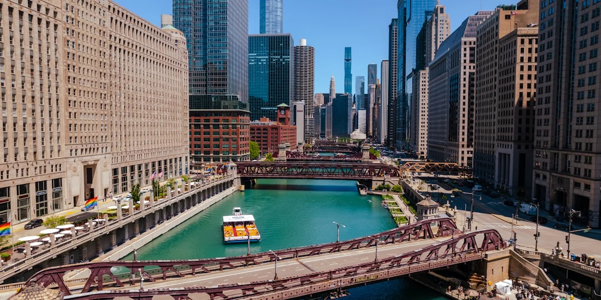 a river with Chicago River and boats