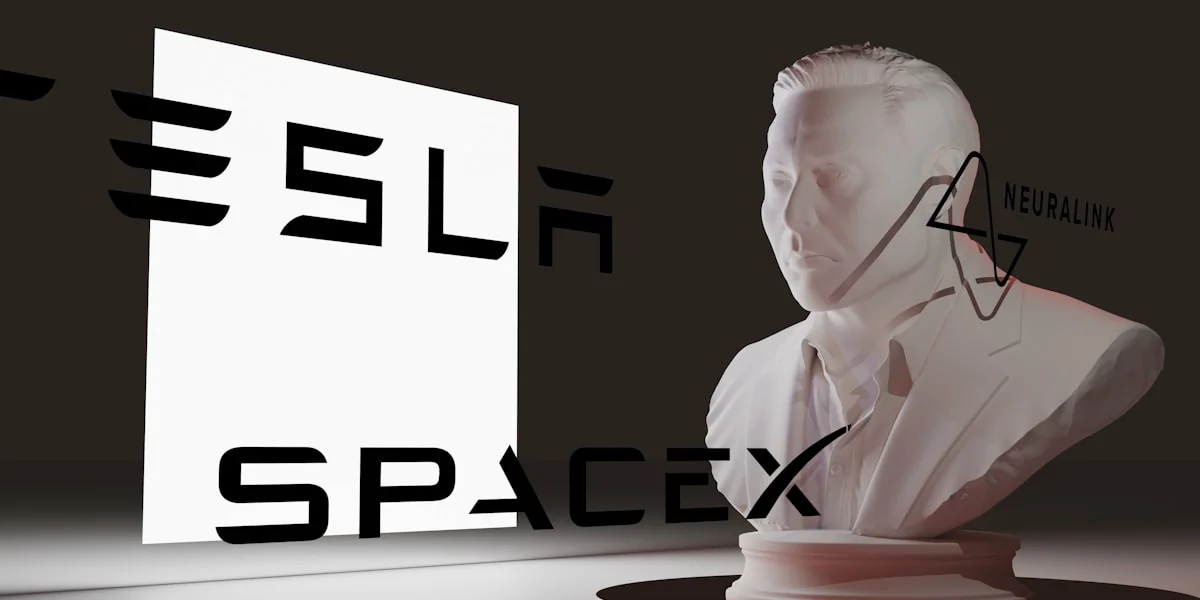 White bust of a man with tesla and spacex logos.