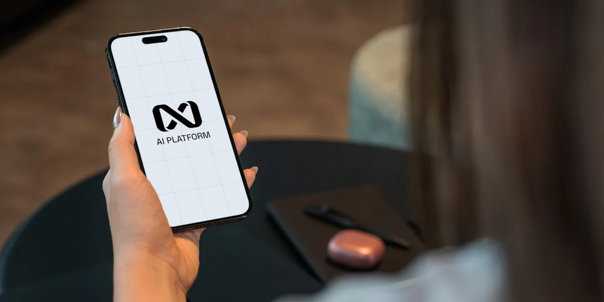 Person holding a smartphone with a logo on screen.