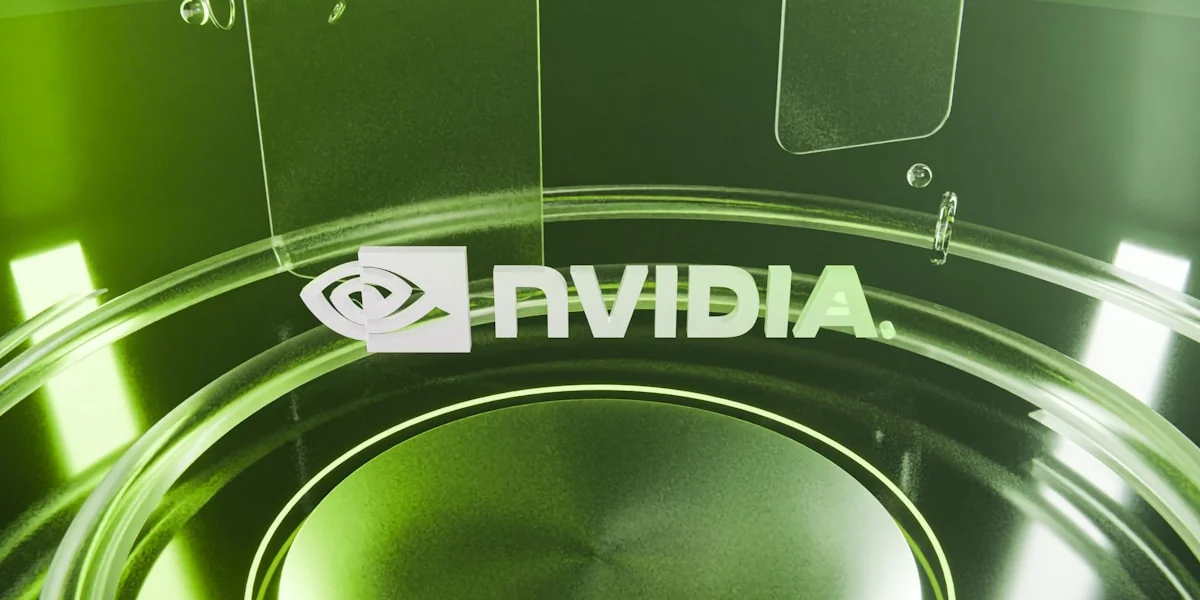 Nvidia logo and text on a green abstract background.