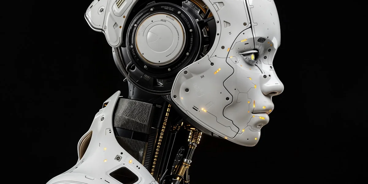 A white robot is standing in front of a black background