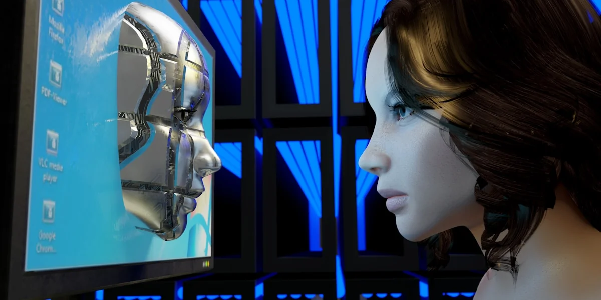 a female mannequin is looking at a computer screen