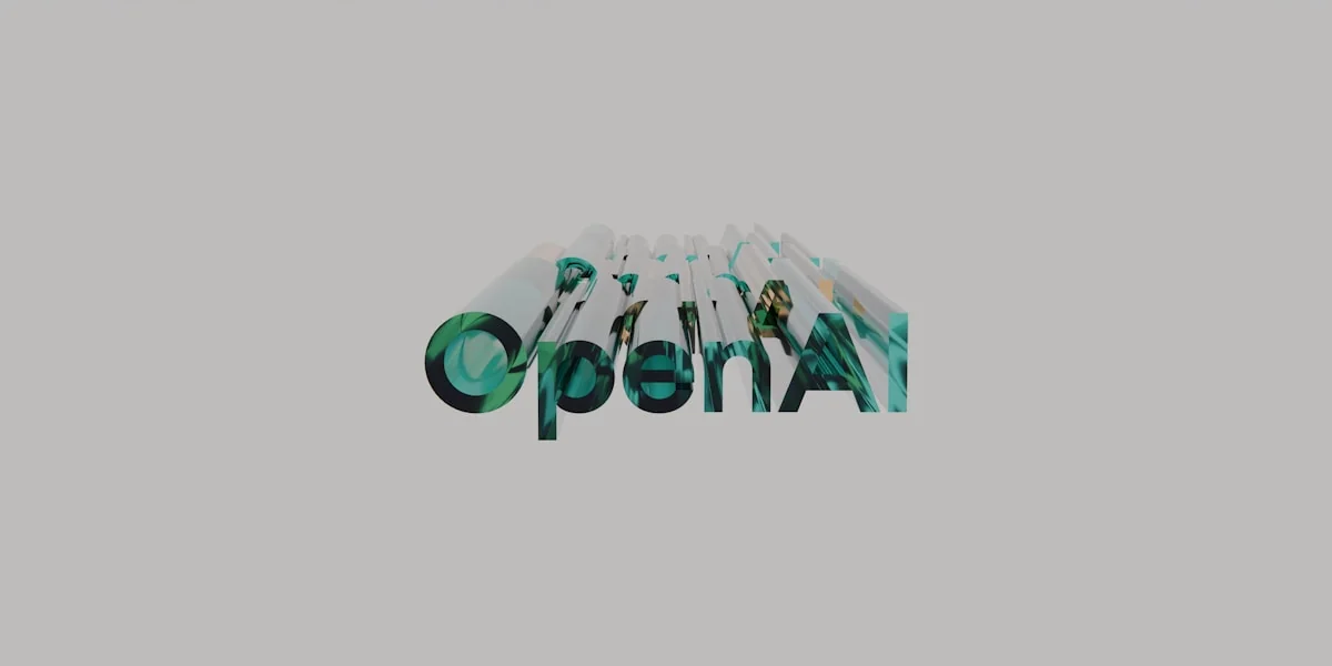 Openai logo with green and white cylindrical letters.